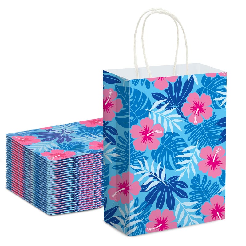 Kolldenn 24 Pcs Cute Cartoon Blue Pink Hibiscus Party Gift Bags Hawaiian Party Favors Paper Goodie Candy Bags with Handles for Hawaiian Tropical Birthday Baby Shower SuppliesBright
